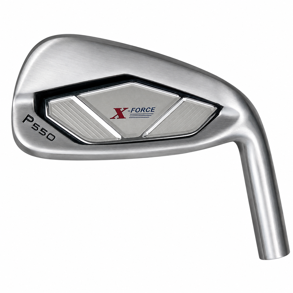 X-Force P550 cavity-back iron clubhead viewed from behind, with a satin frame around a black cavity insert carrying X-Force and P550 lettering