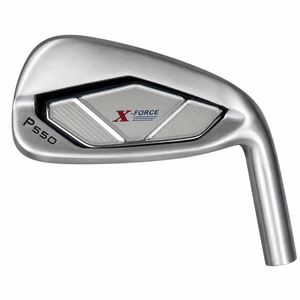 X-Force P550 cavity-back iron clubhead viewed from behind, with a satin frame around a black cavity insert carrying X-Force and P550 lettering