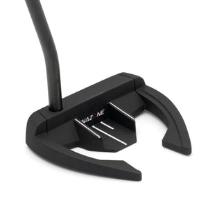 Inazone ZMBE mallet putter head in black viewed at an angle from behind, showing the open wings and sight lines