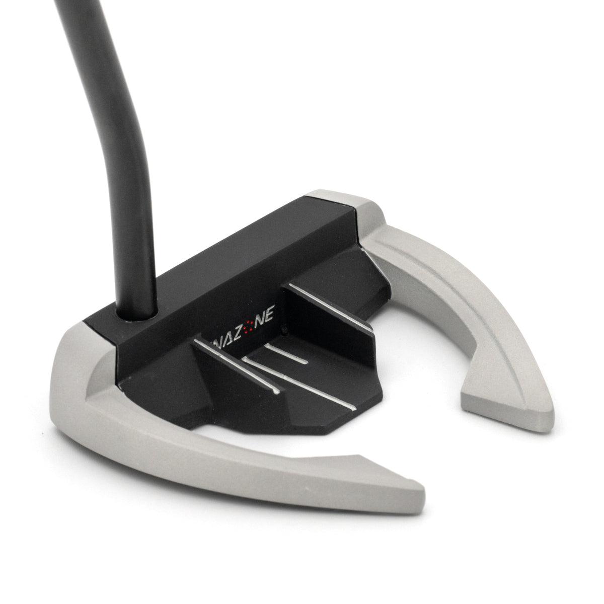 Inazone ZMBE mallet putter head in black and gray viewed at an angle from behind, showing the open wings and sight lines