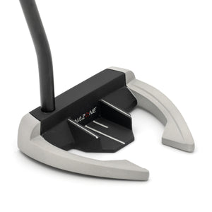 Inazone ZMBE mallet putter head in black and gray viewed at an angle from behind, showing the open wings and sight lines