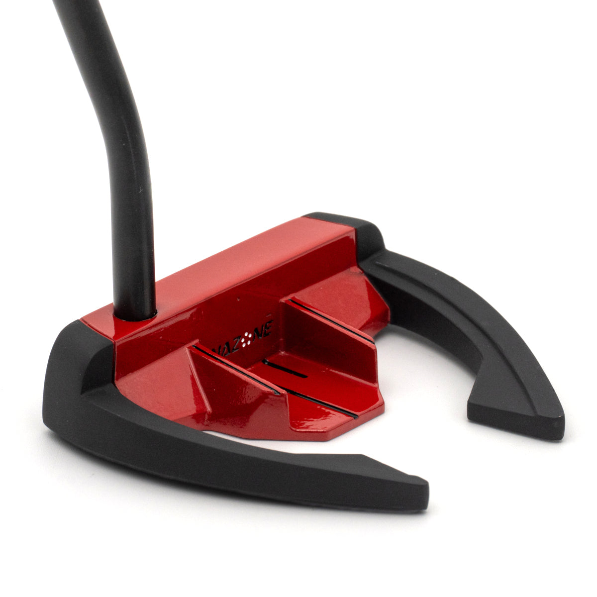 Inazone ZMBE mallet putter head in red and black viewed at an angle from behind, showing the open wings and sight lines