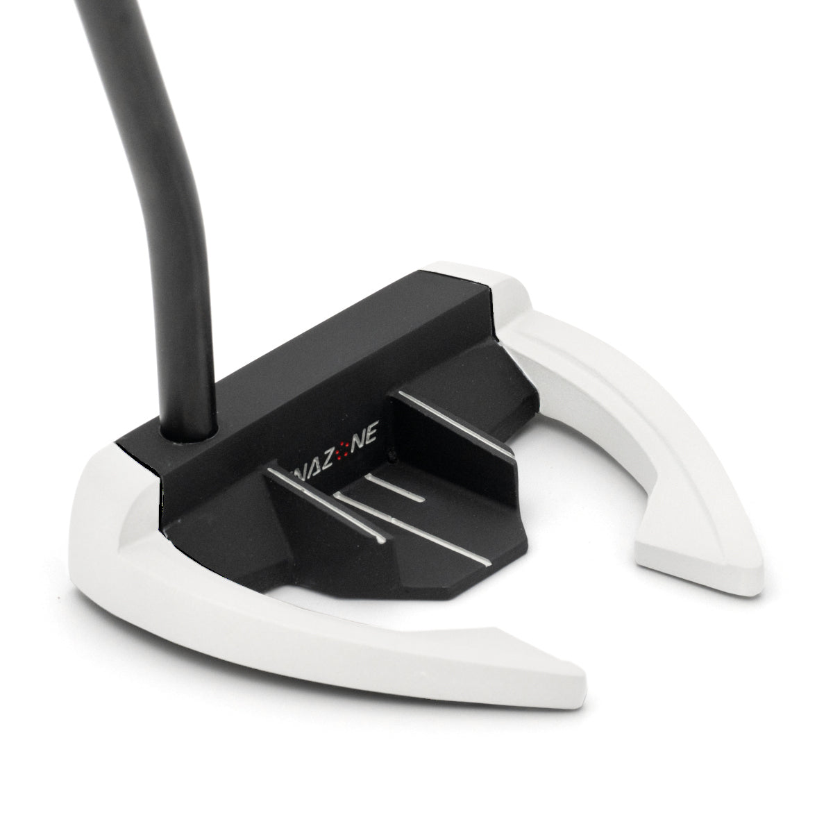 Inazone ZMBE mallet putter head in black and white viewed at an angle from behind, showing the open wings and sight lines