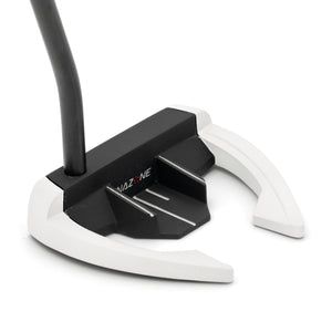 Inazone ZMBE mallet putter head in black and white viewed at an angle from behind, showing the open wings and sight lines